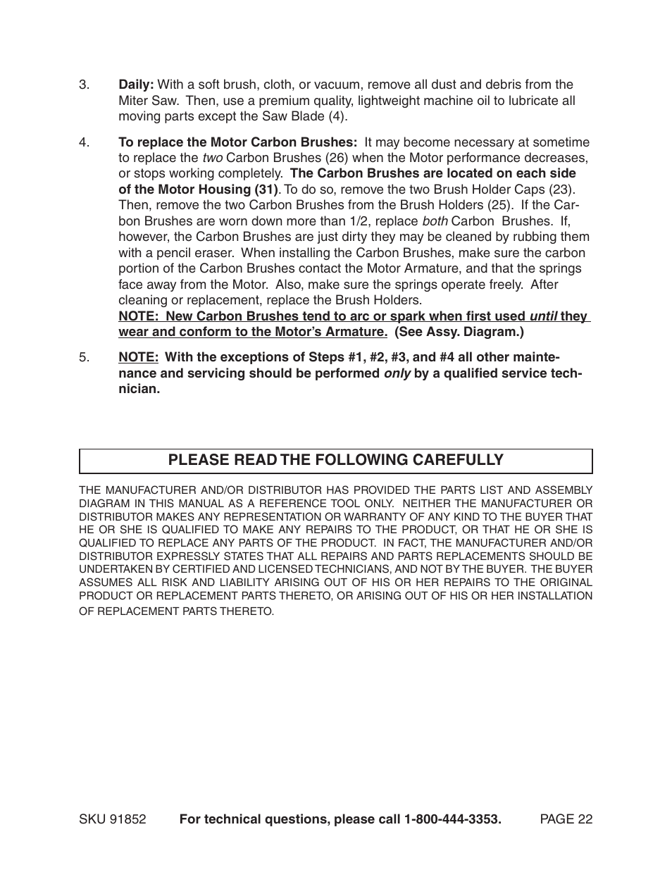 Harbor Freight Tools 12" Compound Slide Miter Saw 91852 User Manual | Page 22 / 27