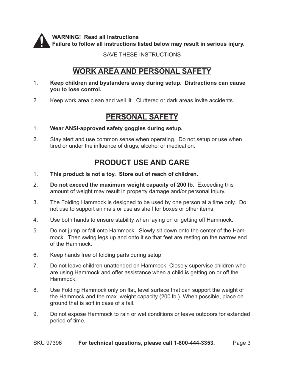 Work area and personal safety, Personal safety, Product use and care | Harbor Freight Tools 97396 User Manual | Page 3 / 6