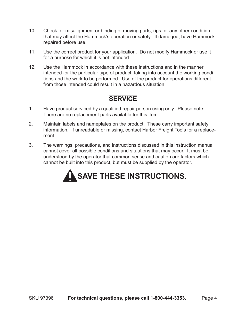 Save these instructions, Service | Harbor Freight Tools 97396 User Manual | Page 4 / 6