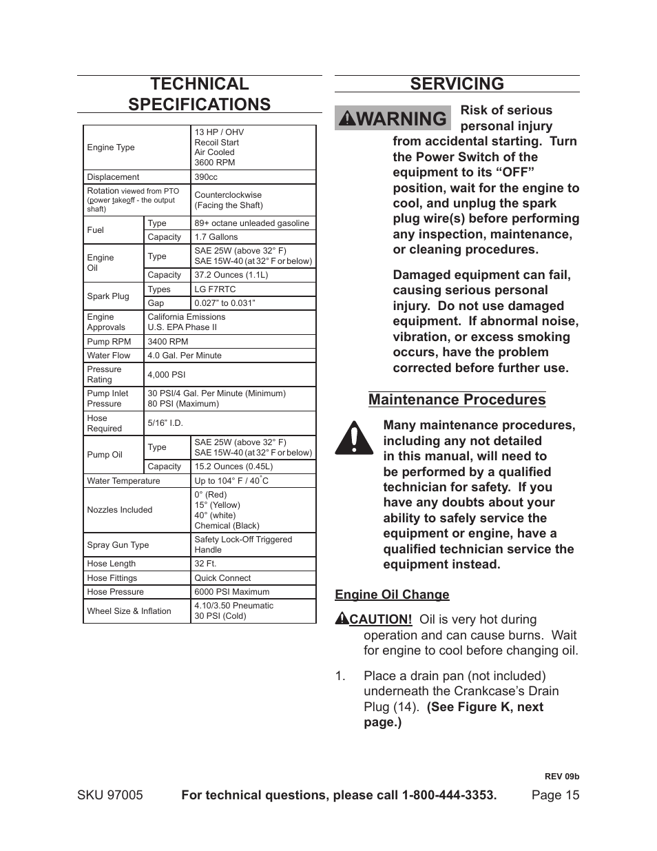 Warning, Technical specifications, Servicing | Maintenance procedures | Harbor Freight Tools PACIFIC HYDROSTRAR 97005 User Manual | Page 15 / 27