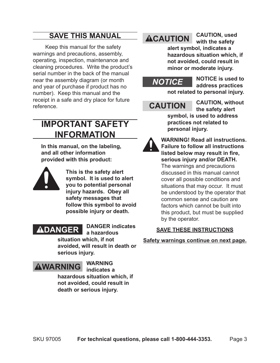 Important safety information, Danger warning caution notice caution, Save this manual | Harbor Freight Tools PACIFIC HYDROSTRAR 97005 User Manual | Page 3 / 27