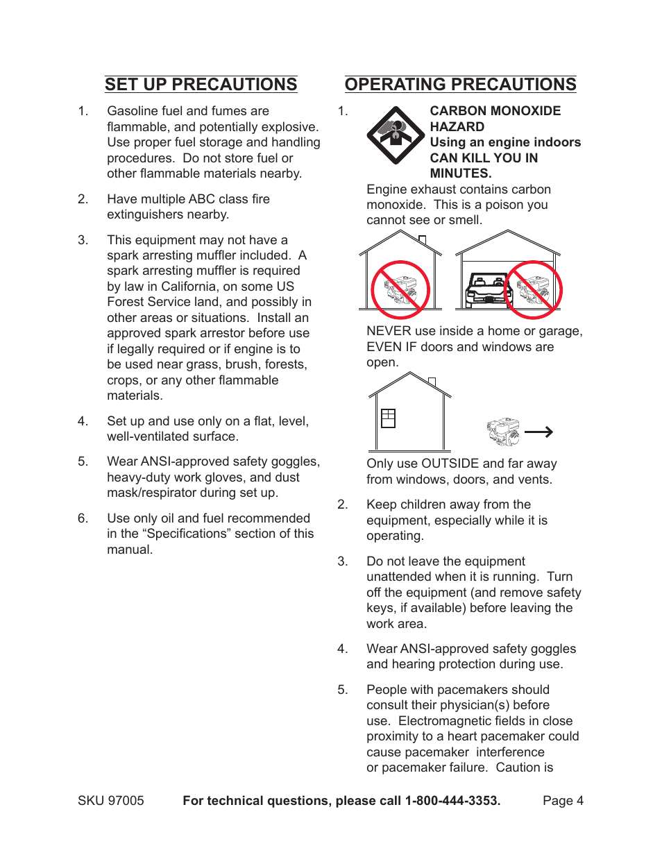 Set up precautions, Operating precautions | Harbor Freight Tools PACIFIC HYDROSTRAR 97005 User Manual | Page 4 / 27