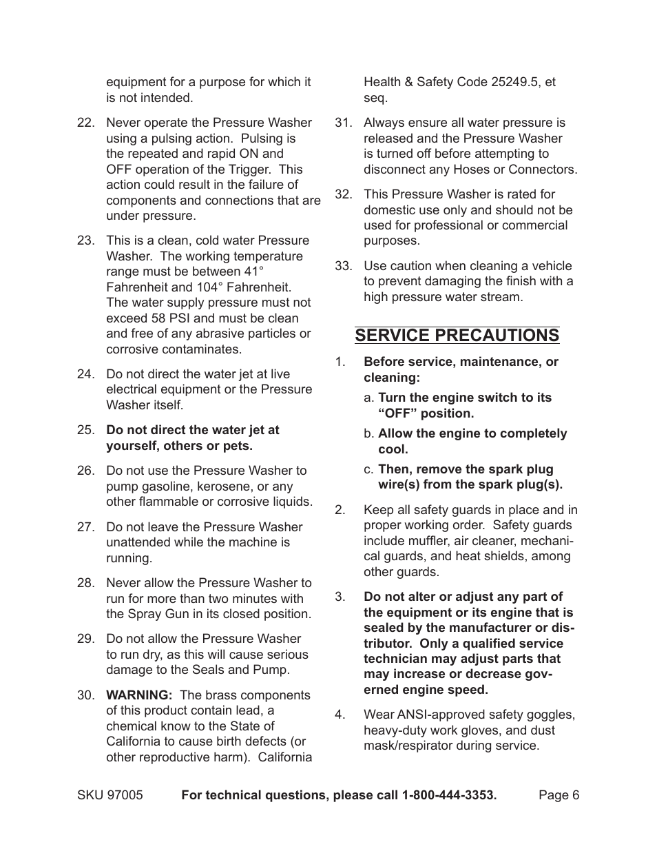 Service precautions | Harbor Freight Tools PACIFIC HYDROSTRAR 97005 User Manual | Page 6 / 27