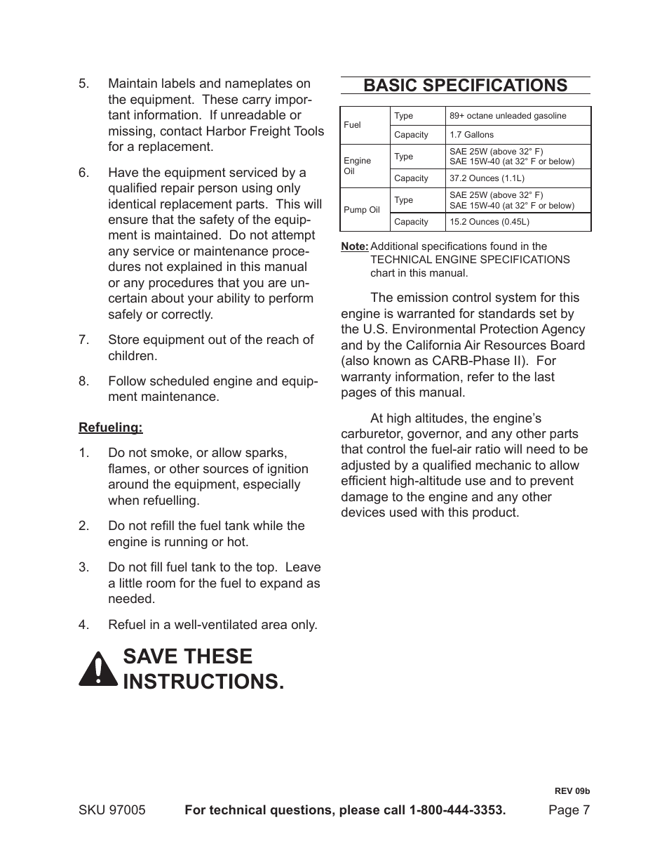 Save these instructions, Basic specifications | Harbor Freight Tools PACIFIC HYDROSTRAR 97005 User Manual | Page 7 / 27