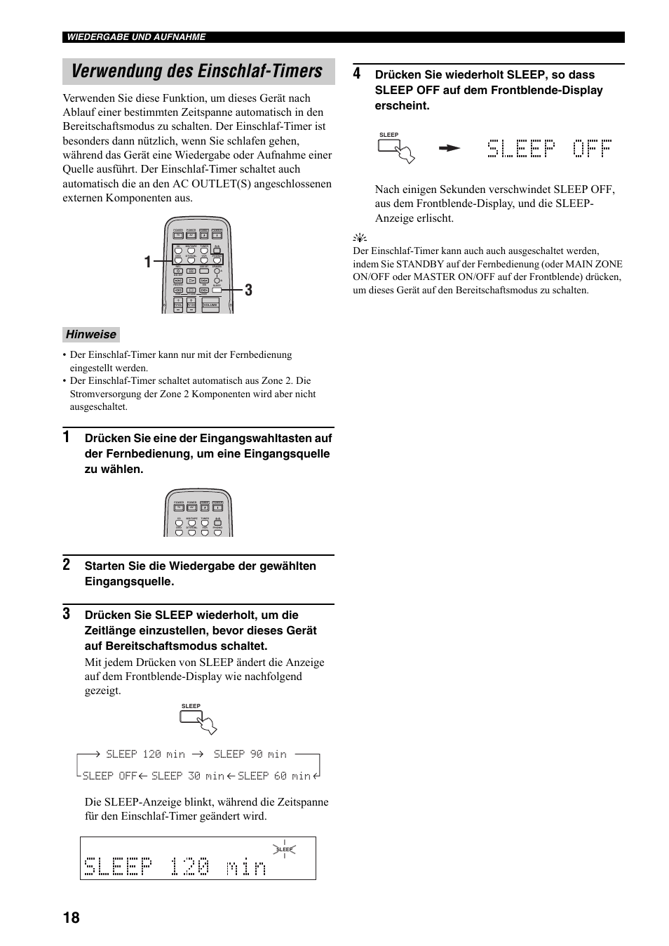 Verwendung des einschlaf-timers, Hinweise | Yamaha RX-497 User Manual | Page 100 / 243