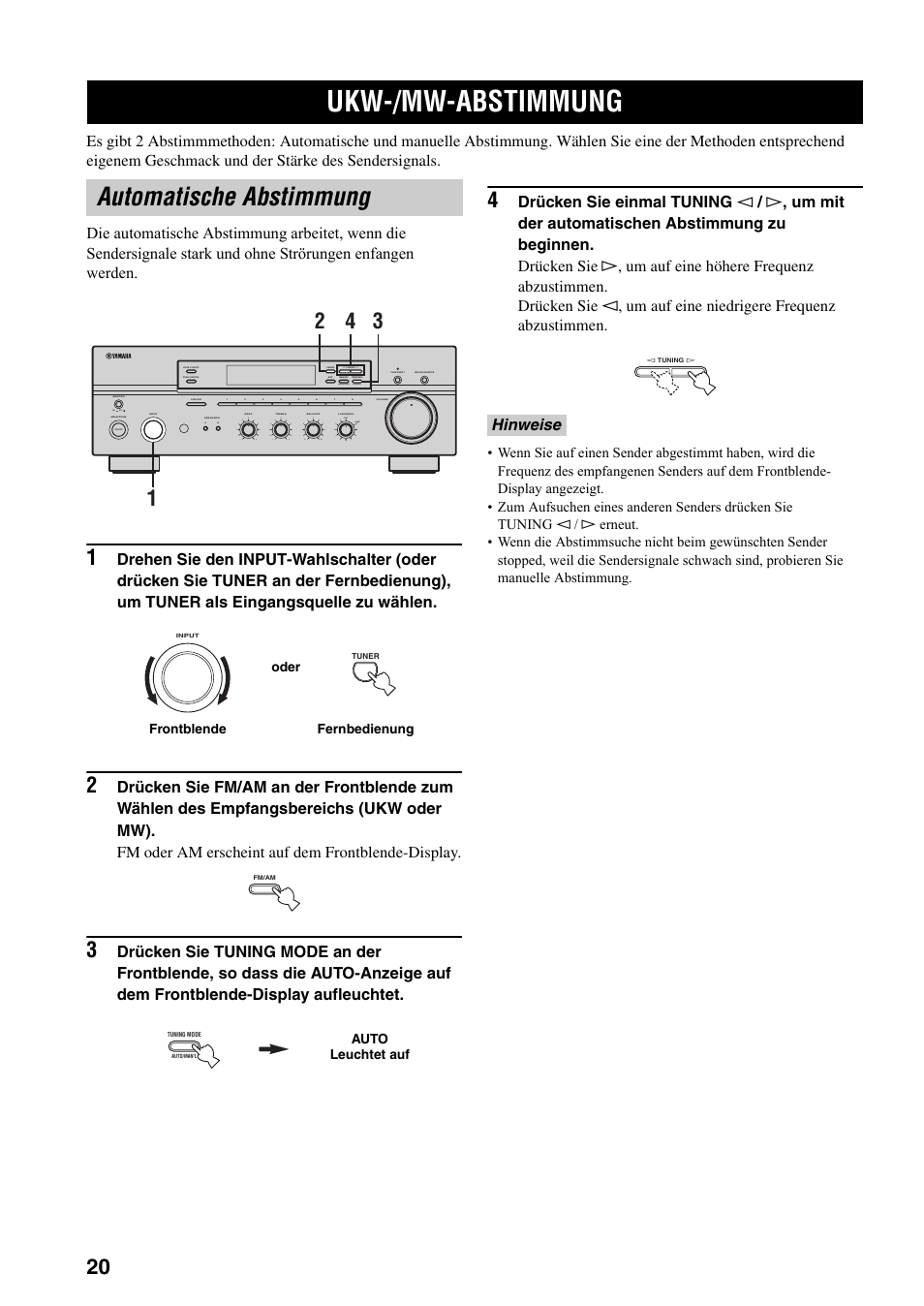 Ukw-/mw-abstimmung, Automatische abstimmung, Seite 20) | T (siehe seite 20), Hinweise, On off, Man'l/auto fm, Auto/man'l | Yamaha RX-497 User Manual | Page 102 / 243