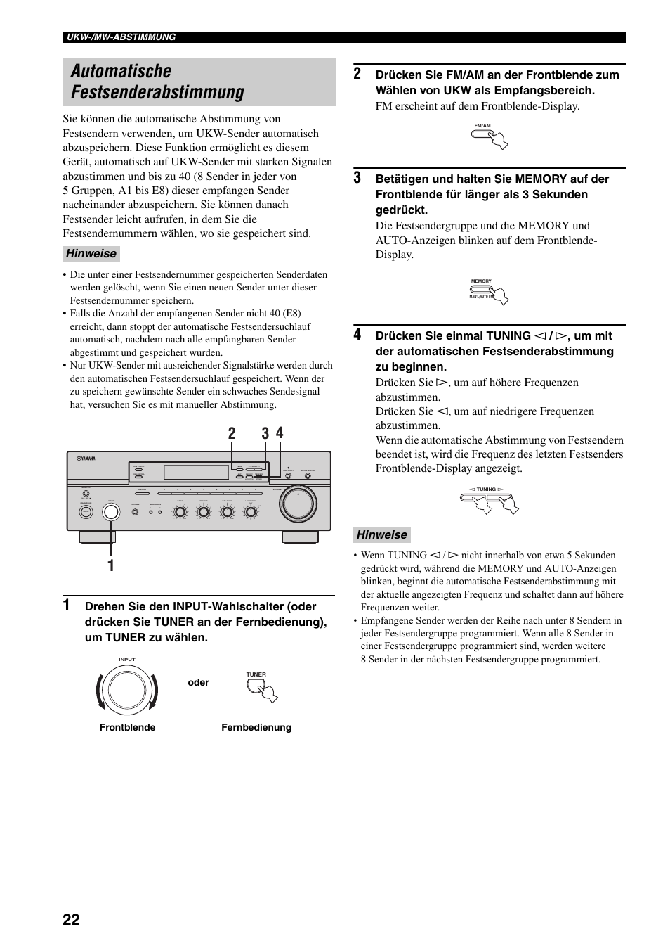 Automatische festsenderabstimmung, Iehe seite 22), Hinweise | On off, Man'l/auto fm, Auto/man'l | Yamaha RX-497 User Manual | Page 104 / 243