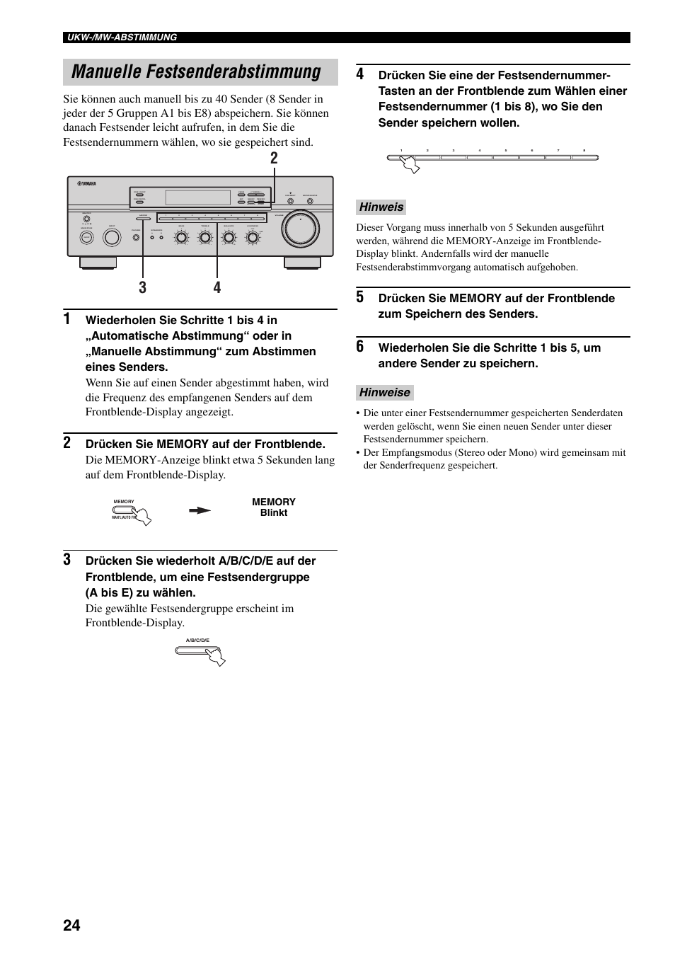 Manuelle festsenderabstimmung, Seite 24), Hinweis hinweise | On off, Man'l/auto fm, Auto/man'l | Yamaha RX-497 User Manual | Page 106 / 243