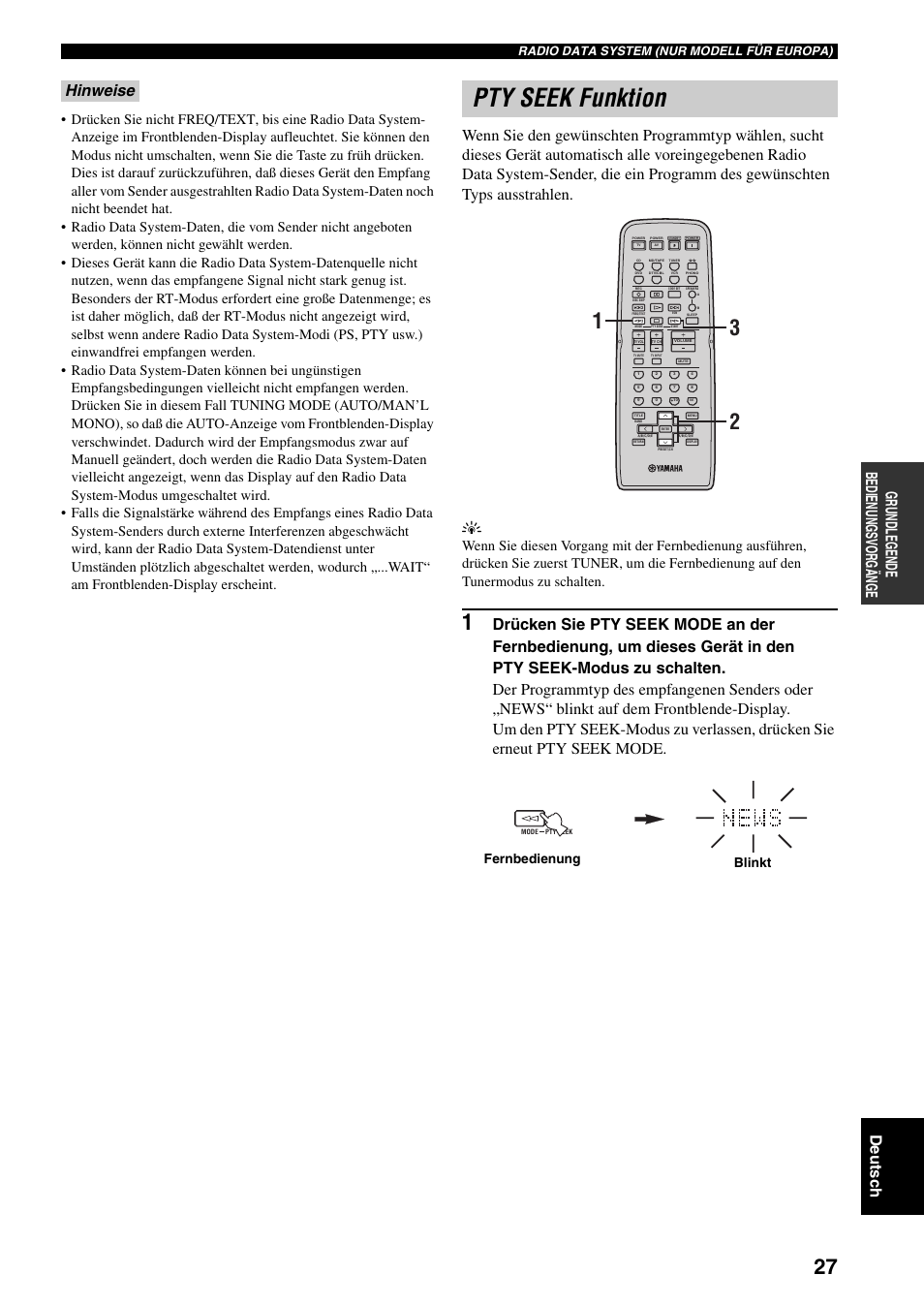 Pty seek funktion, Grundl egende bedienun gsv o rg äng e de utsc h, Fernbedienung blinkt | Radio data system (nur modell für europa) | Yamaha RX-497 User Manual | Page 109 / 243