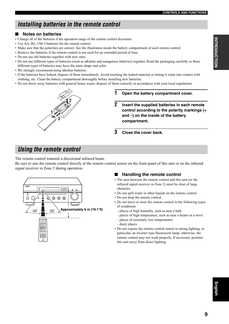 Installing batteries in the remote control, Using the remote control, Handling the remote control | Yamaha RX-497 User Manual | Page 11 / 243