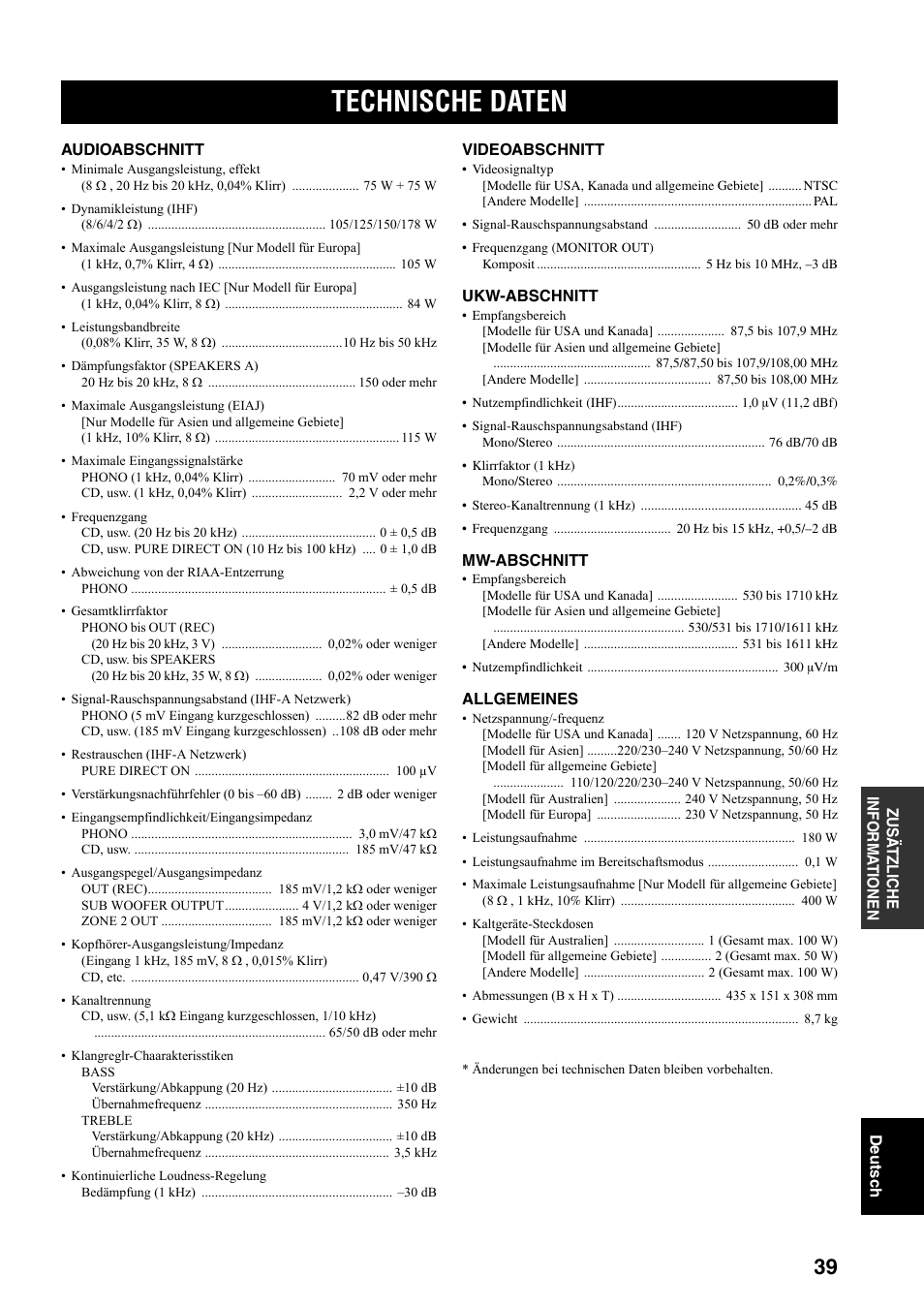 Technische daten | Yamaha RX-497 User Manual | Page 121 / 243