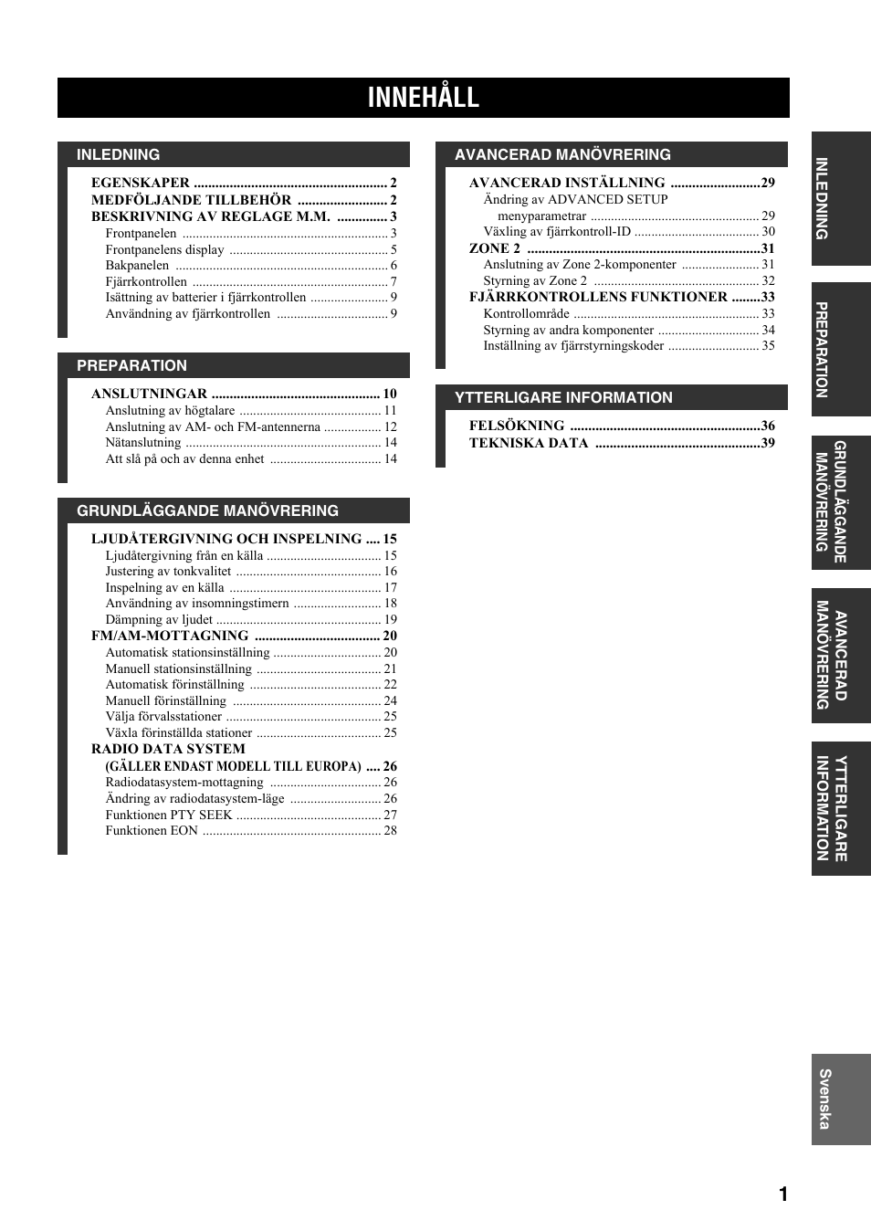 Innehåll | Yamaha RX-497 User Manual | Page 123 / 243