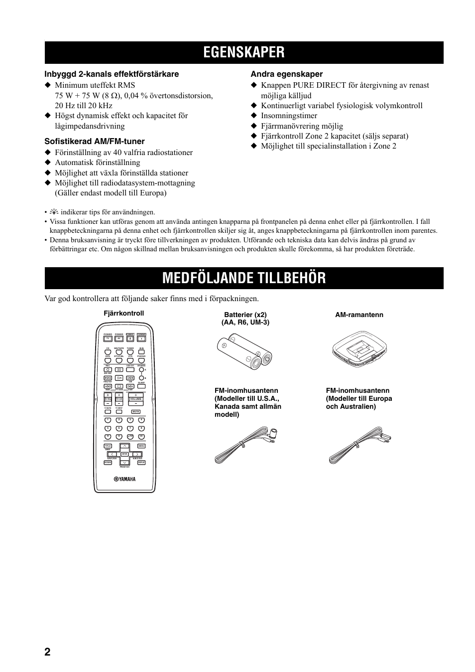 Inledning, Egenskaper, Medföljande tillbehör | Egenskaper medföljande tillbehör | Yamaha RX-497 User Manual | Page 124 / 243