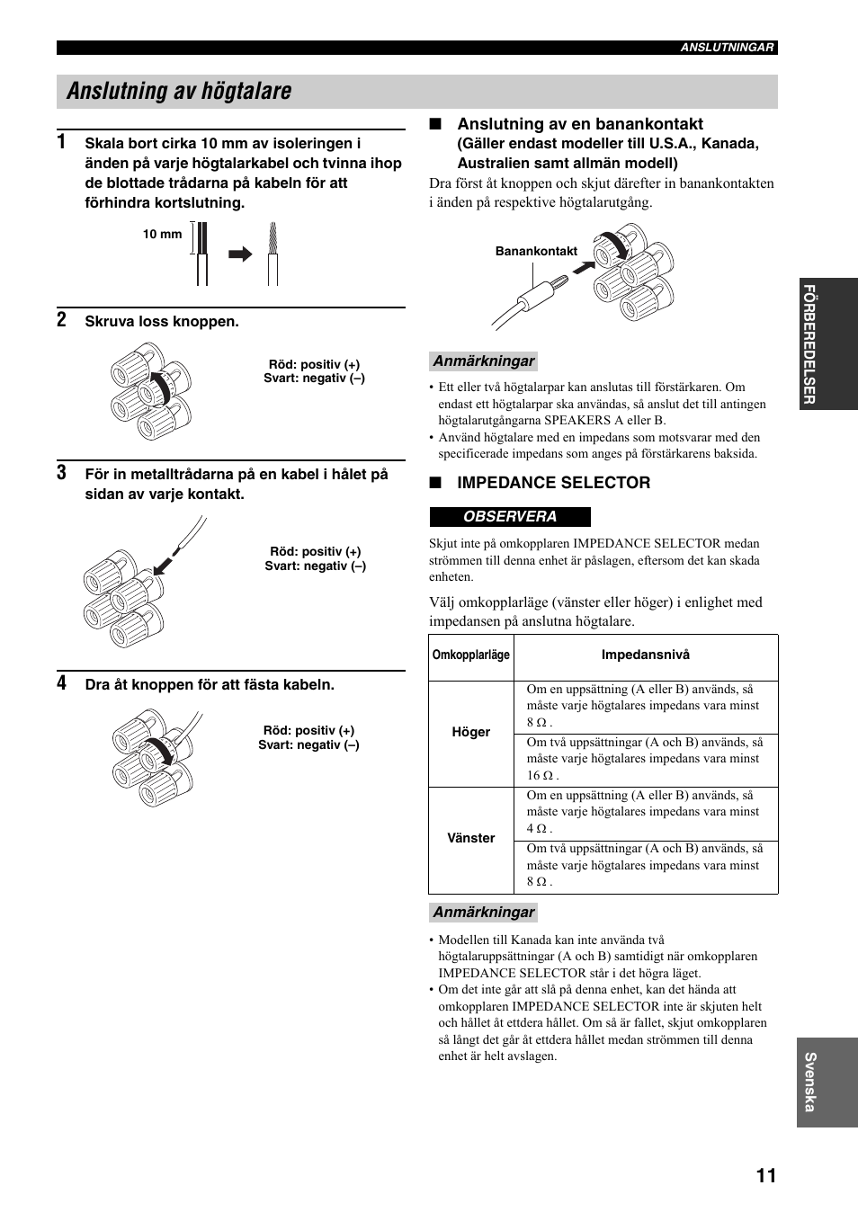 Anslutning av högtalare, Se sidan 11 för info, Se sidan 11 angående detaljer | Yamaha RX-497 User Manual | Page 133 / 243