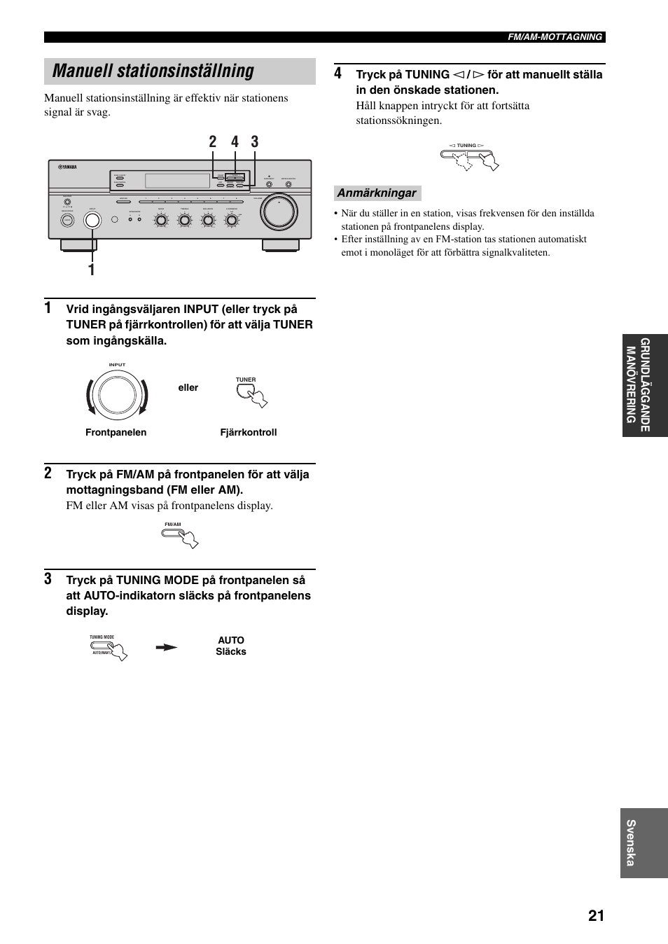 Manuell stationsinställning, Anmärkningar, On off | Man'l/auto fm, Auto/man'l | Yamaha RX-497 User Manual | Page 143 / 243