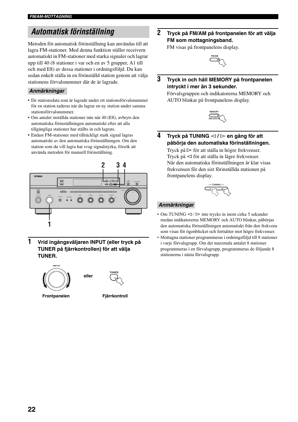 Automatisk förinställning, Se sidan 22), Anmärkningar | On off, Man'l/auto fm, Auto/man'l | Yamaha RX-497 User Manual | Page 144 / 243