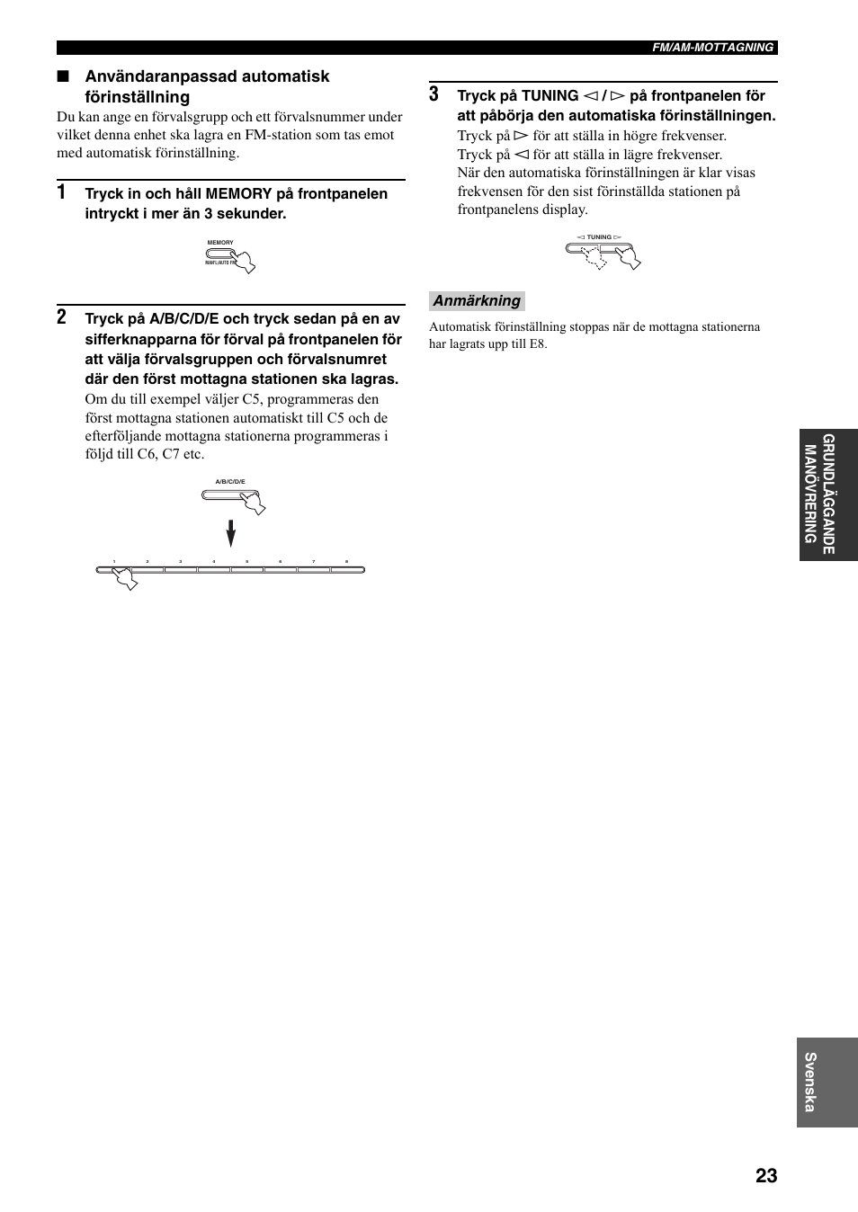 Lla (se sidan 23), Användaranpassad automatisk förinställning, Gr undlä ggande manö vre r in g svenska | Anmärkning | Yamaha RX-497 User Manual | Page 145 / 243