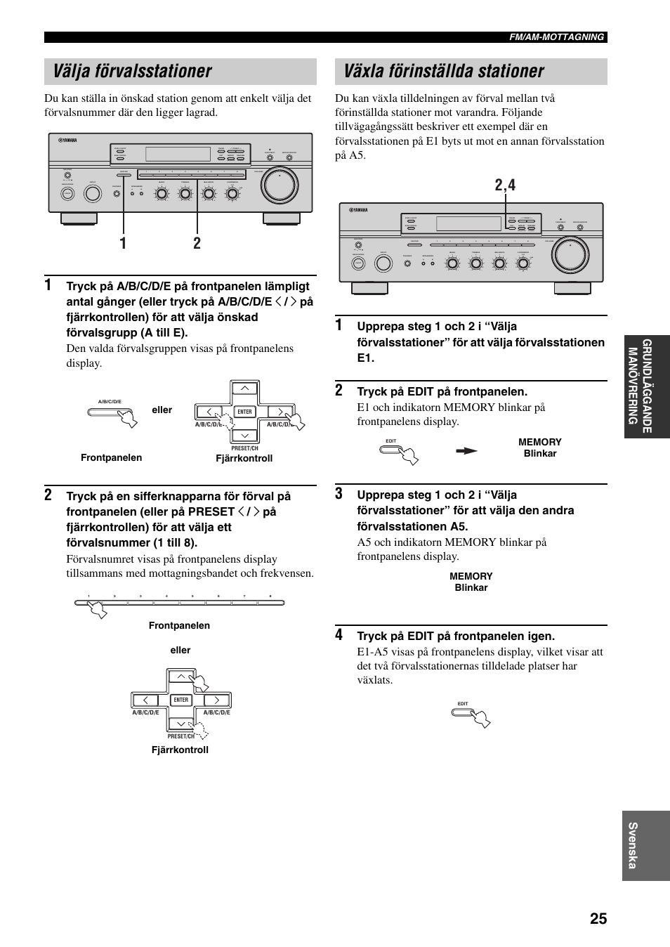 Välja förvalsstationer, Växla förinställda stationer, Sidan 25) | E sidan 25), On off, Man'l/auto fm, Auto/man'l | Yamaha RX-497 User Manual | Page 147 / 243