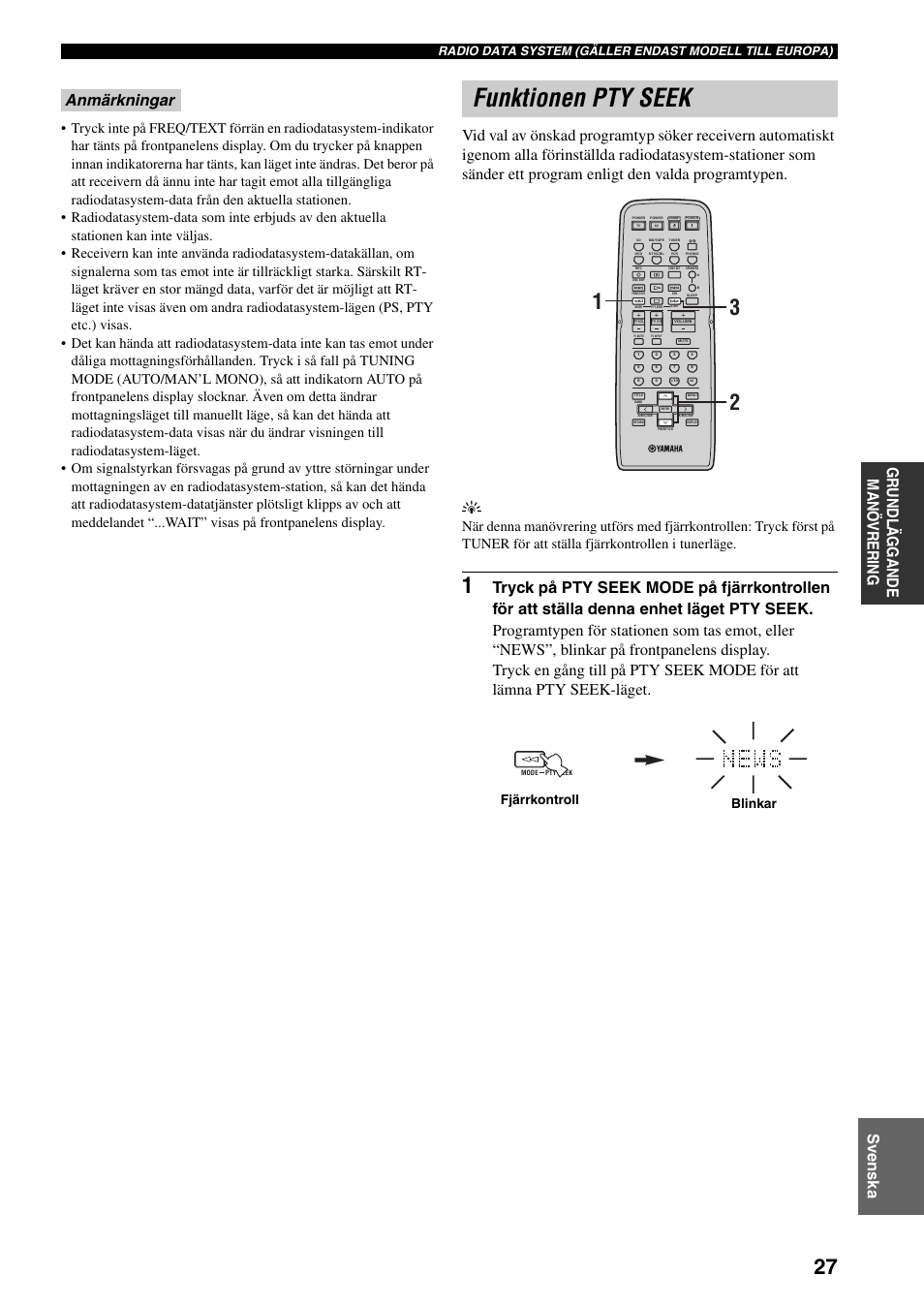 Funktionen pty seek, Gr undlä ggande manö vre r in g svenska, Fjärrkontroll blinkar | Yamaha RX-497 User Manual | Page 149 / 243