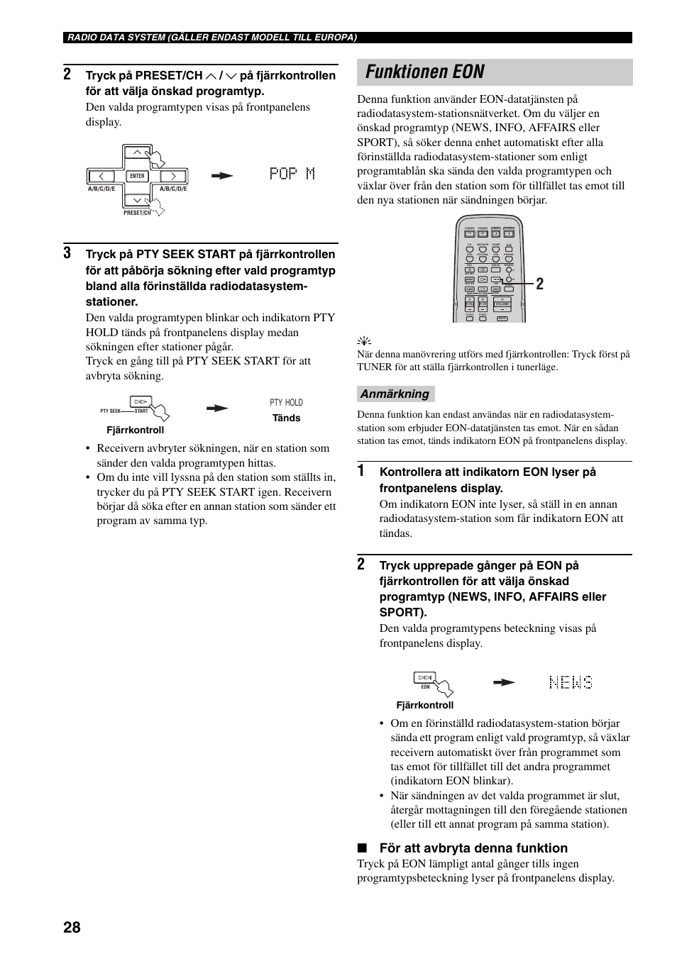 Funktionen eon, Pop m, För att avbryta denna funktion | Anmärkning | Yamaha RX-497 User Manual | Page 150 / 243