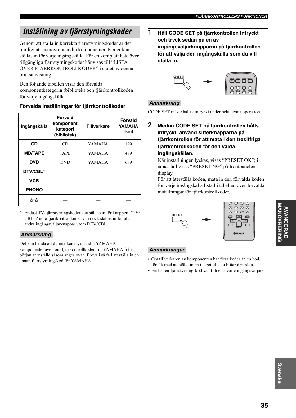 Inställning av fjärrstyrningskoder, Anmärkning, Anmärkning anmärkningar | Yamaha RX-497 User Manual | Page 157 / 243