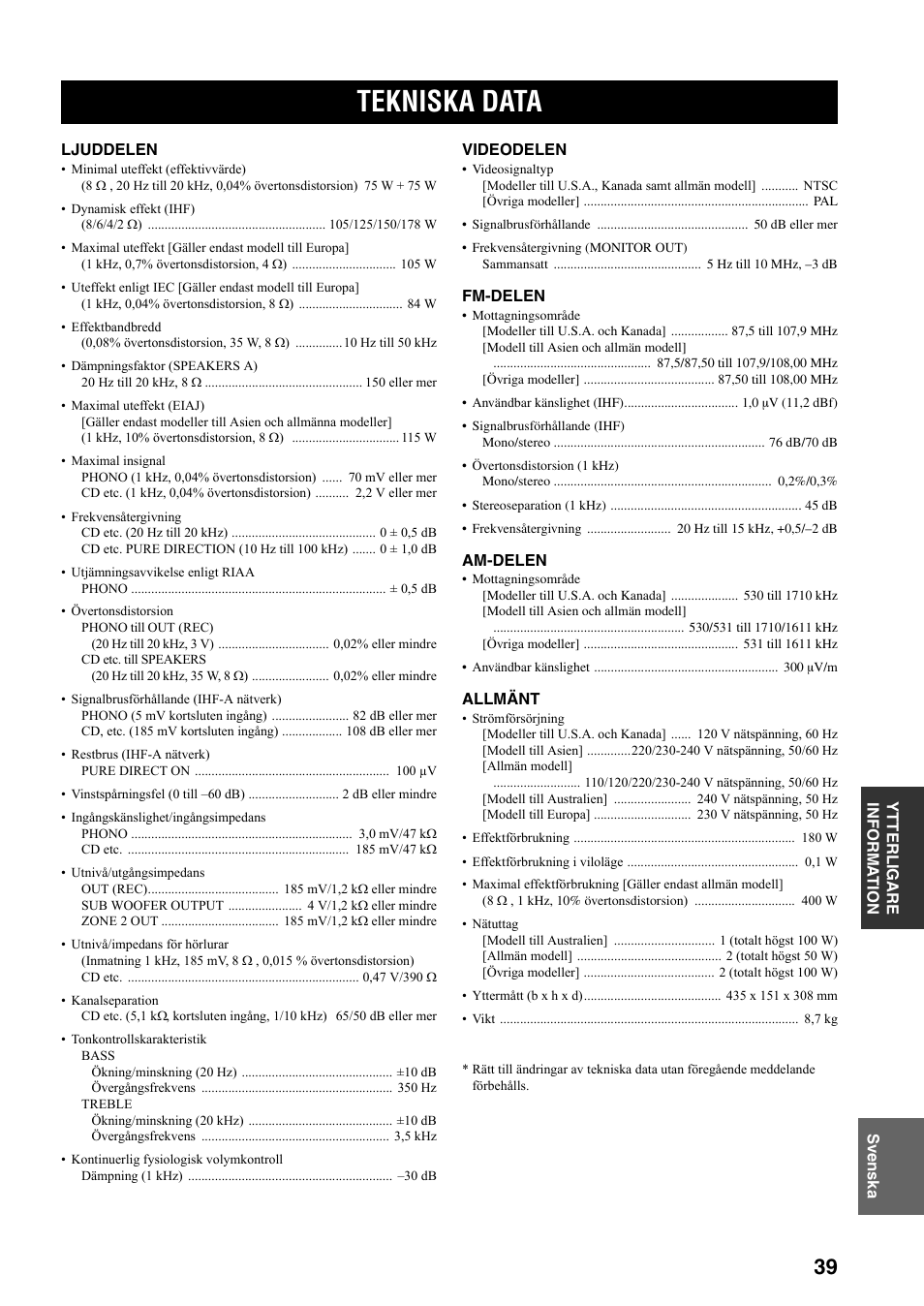 Tekniska data | Yamaha RX-497 User Manual | Page 161 / 243