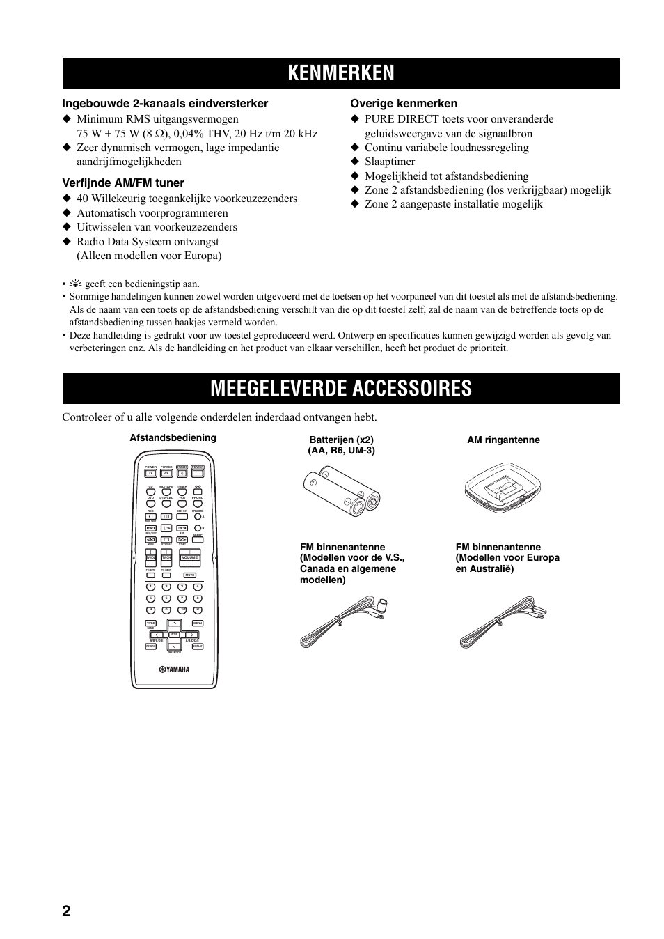 Inleiding, Kenmerken, Meegeleverde accessoires | Kenmerken meegeleverde accessoires | Yamaha RX-497 User Manual | Page 164 / 243