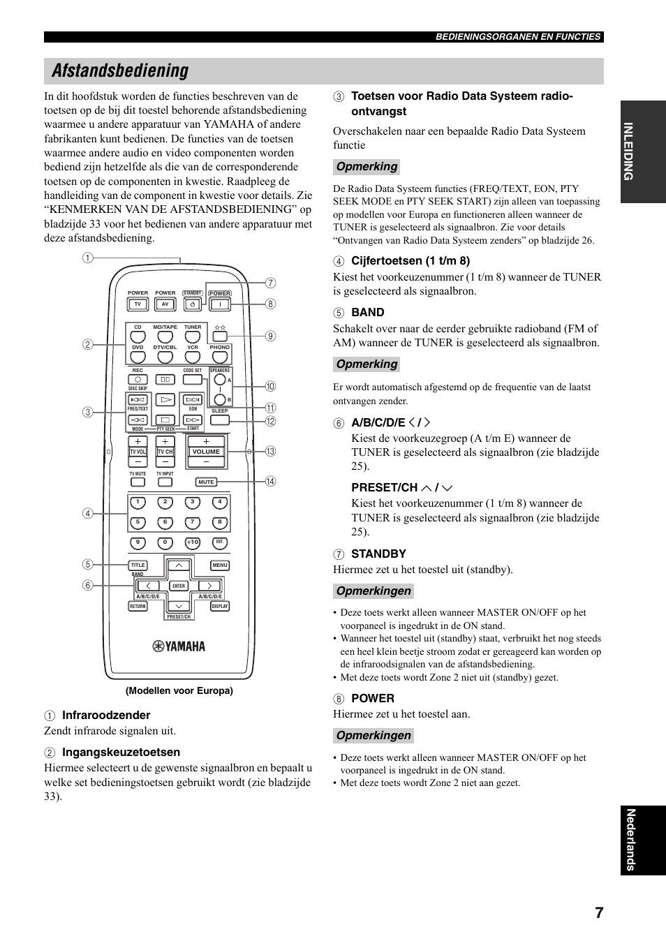 Afstandsbediening, 8 power hiermee zet u het toestel aan, Opmerking | Opmerking opmerkingen opmerkingen | Yamaha RX-497 User Manual | Page 169 / 243