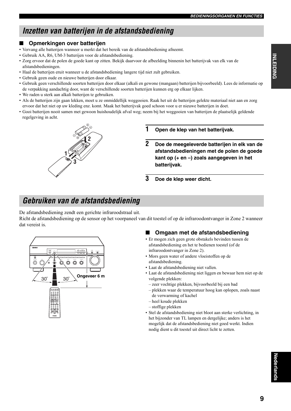 Inzetten van batterijen in de afstandsbediening, Gebruiken van de afstandsbediening, Opmerkingen over batterijen | Omgaan met de afstandsbediening | Yamaha RX-497 User Manual | Page 171 / 243