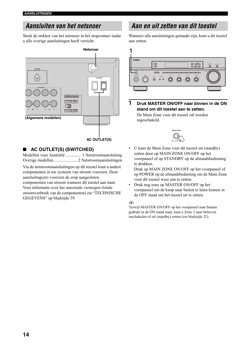 Aansluiten van het netsnoer, Aan en uit zetten van dit toestel, Zie bladzijde 14 voor | Ac outlet(s) (switched), On off, Man'l/auto fm, Auto/man'l, Algemene modellen) netsnoer ac outlet(s) | Yamaha RX-497 User Manual | Page 176 / 243