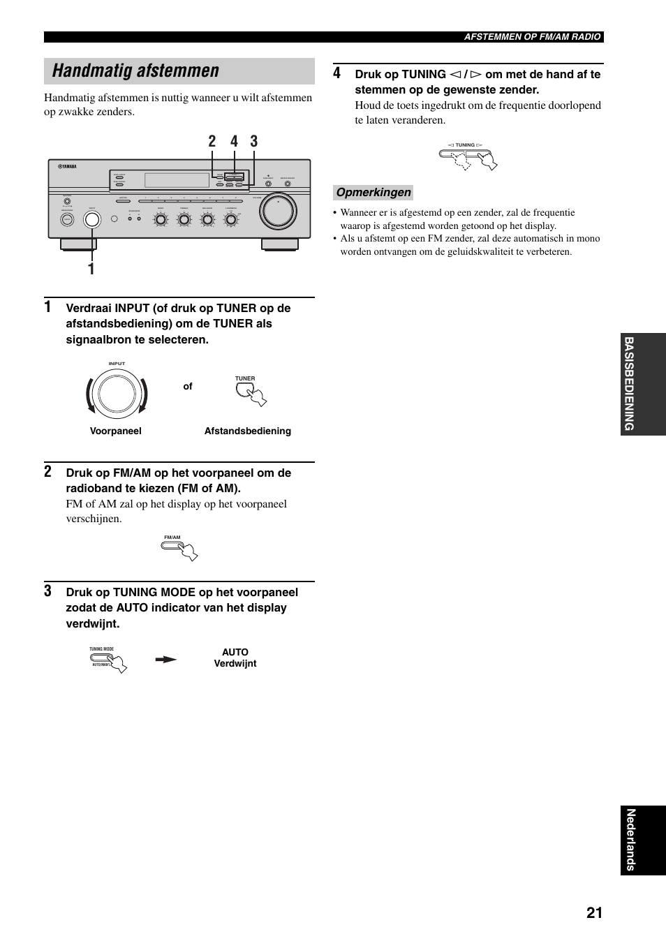 Handmatig afstemmen, Opmerkingen, On off | Man'l/auto fm, Auto/man'l | Yamaha RX-497 User Manual | Page 183 / 243