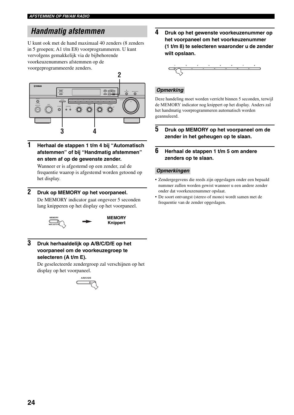 Handmatig afstemmen, Opmerking opmerkingen, On off | Man'l/auto fm, Auto/man'l | Yamaha RX-497 User Manual | Page 186 / 243