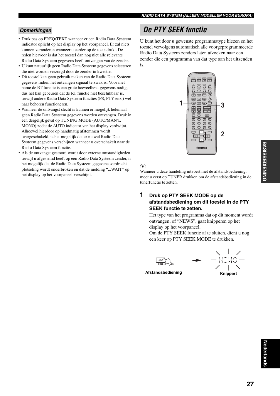 De pty seek functie, Ba s isb ediening nederlands, Afstandsbediening knippert | Radio data system (alleen modellen voor europa) | Yamaha RX-497 User Manual | Page 189 / 243