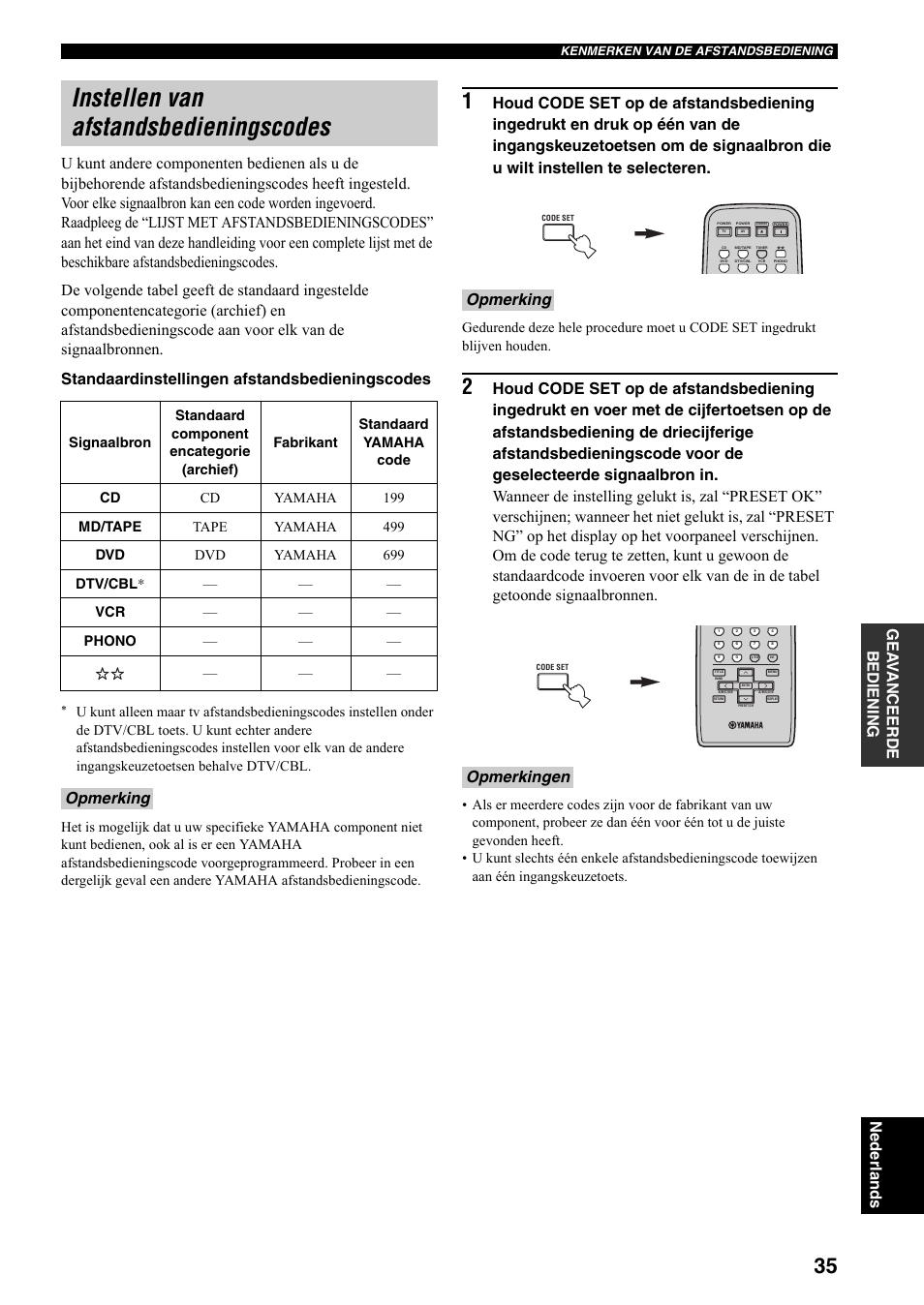 Instellen van afstandsbedieningscodes, Opmerking, Opmerking opmerkingen | Yamaha RX-497 User Manual | Page 197 / 243