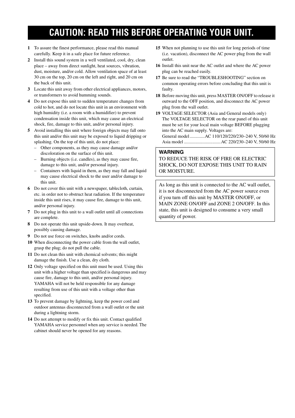 English, Caution: read this before operating your unit | Yamaha RX-497 User Manual | Page 2 / 243