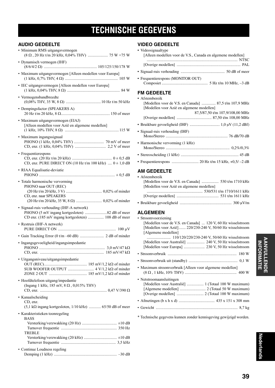 Technische gegevens | Yamaha RX-497 User Manual | Page 201 / 243
