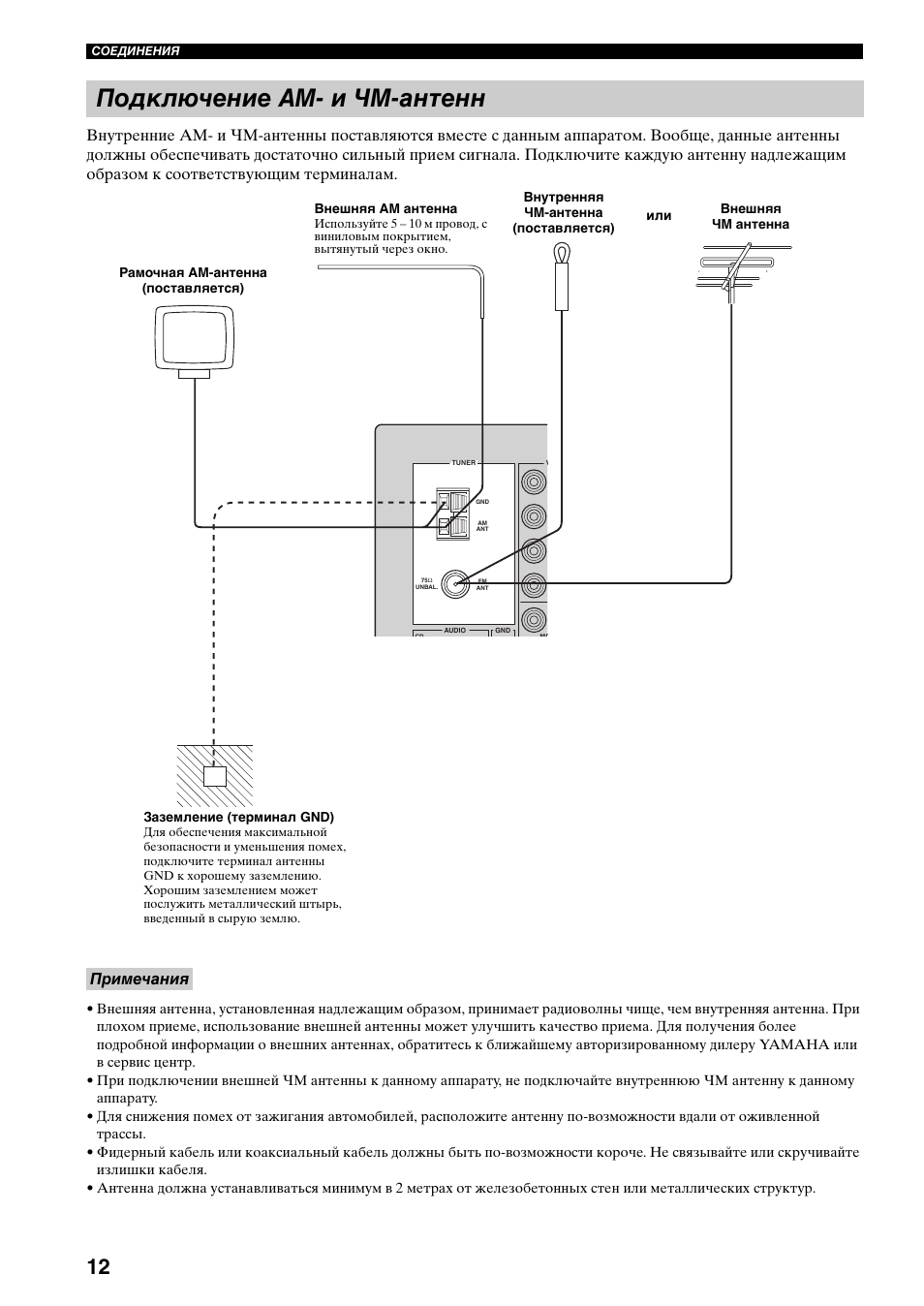 Подключение ам- и чм-антенн, Примечания | Yamaha RX-497 User Manual | Page 214 / 243