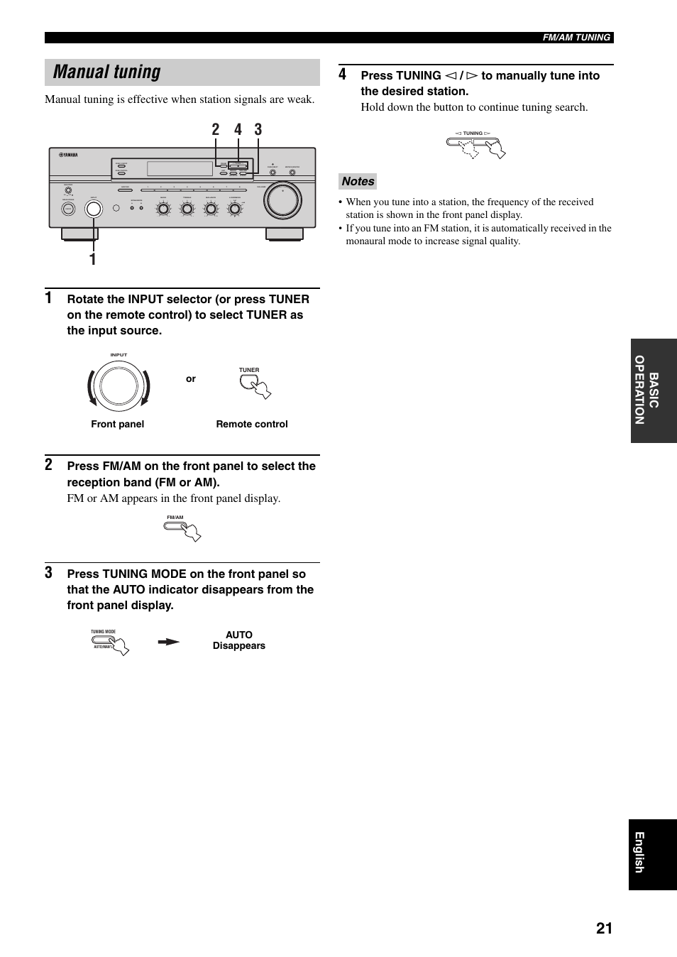 Manual tuning, On off, Man'l/auto fm | Auto/man'l | Yamaha RX-497 User Manual | Page 23 / 243