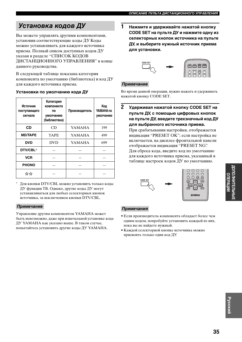 Установка кодов ду, Примечание, Примечание примечания | Yamaha RX-497 User Manual | Page 237 / 243