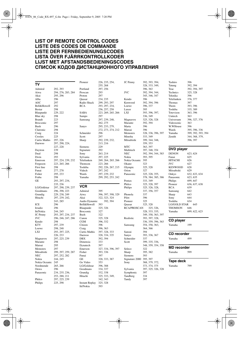 Dvd player, Cd player, Cd recorder | Md recorder, Tape deck | Yamaha RX-497 User Manual | Page 242 / 243