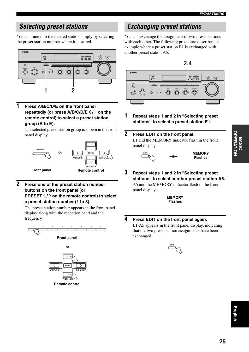 Selecting preset stations, Exchanging preset stations, Ge 25) | On off, Man'l/auto fm, Auto/man'l | Yamaha RX-497 User Manual | Page 27 / 243