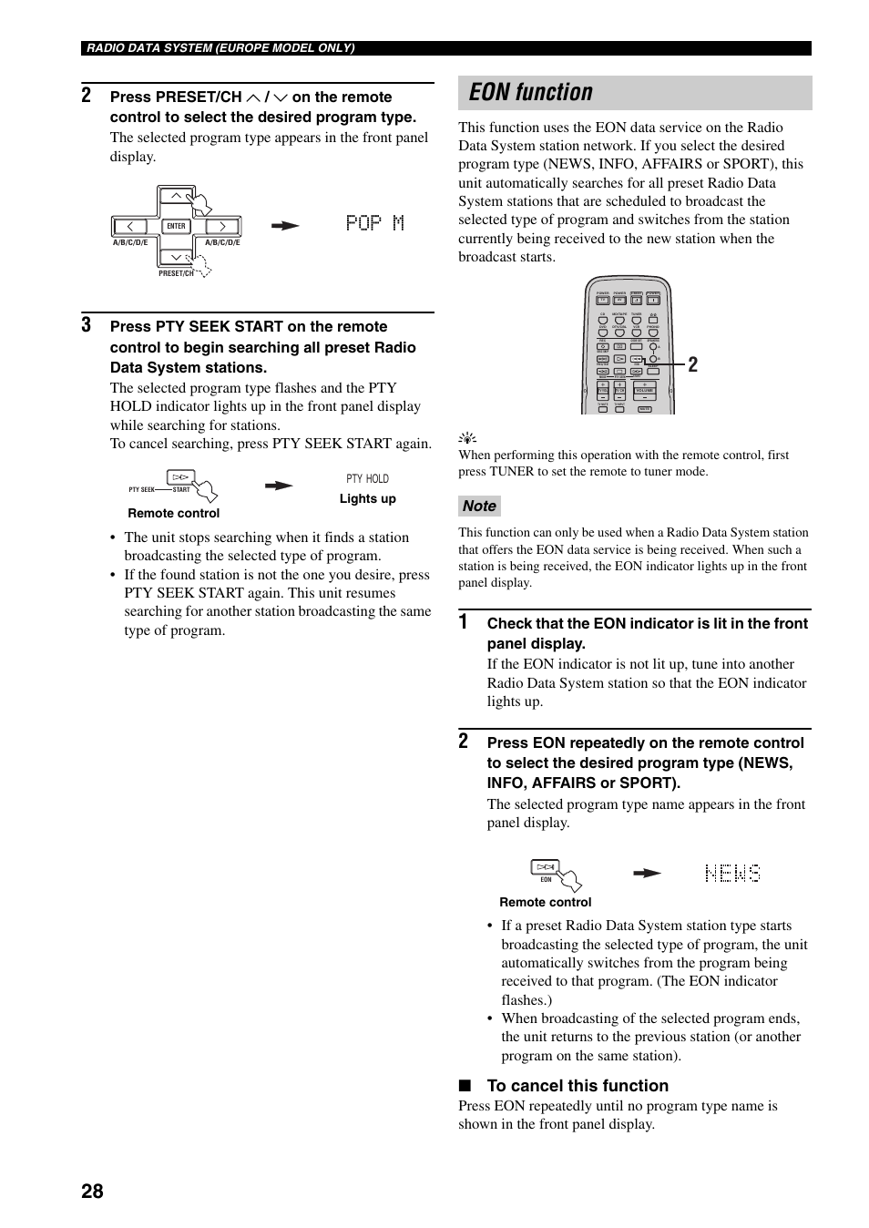 Eon function, Pop m | Yamaha RX-497 User Manual | Page 30 / 243