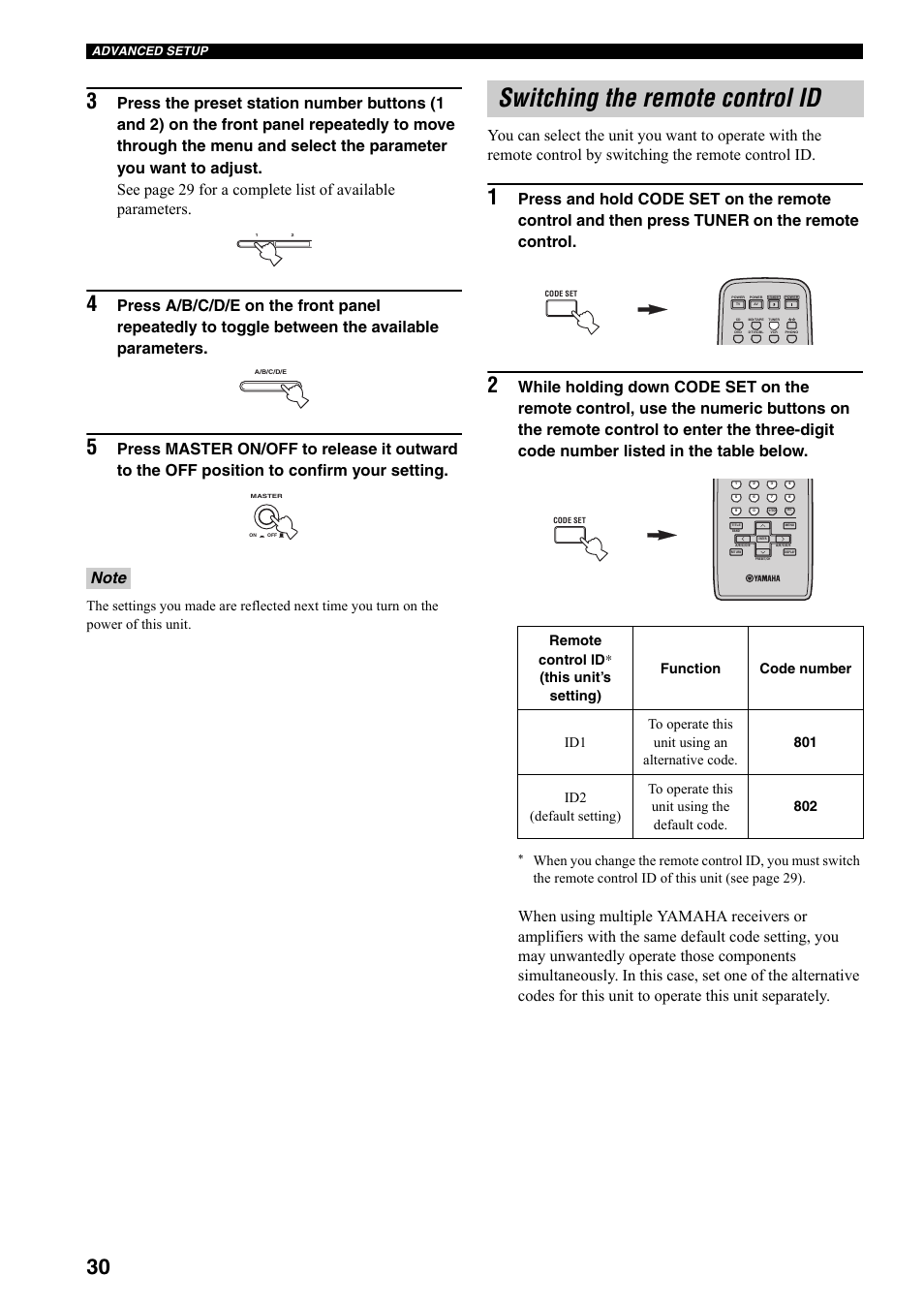 Switching the remote control id | Yamaha RX-497 User Manual | Page 32 / 243
