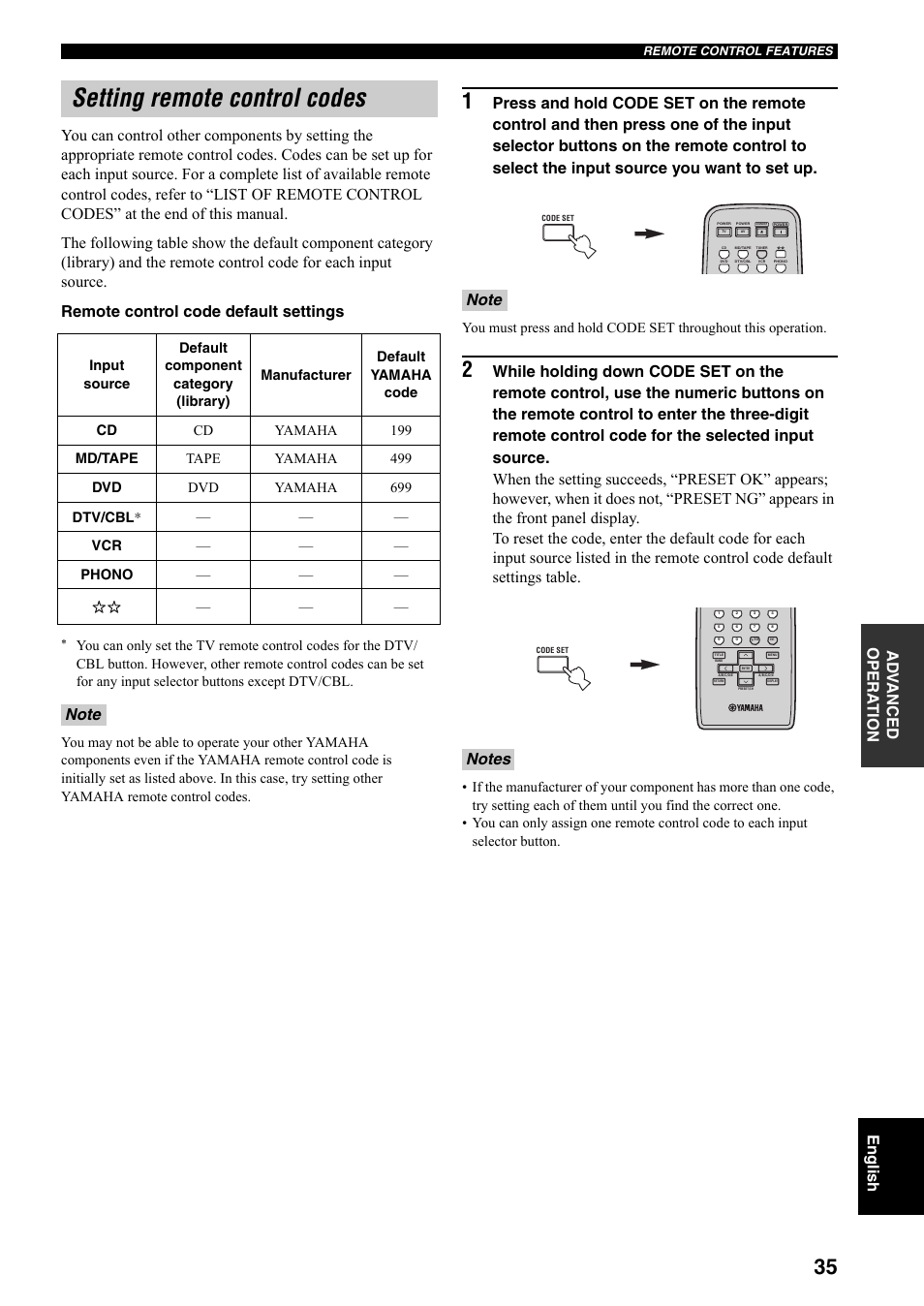 Setting remote control codes | Yamaha RX-497 User Manual | Page 37 / 243