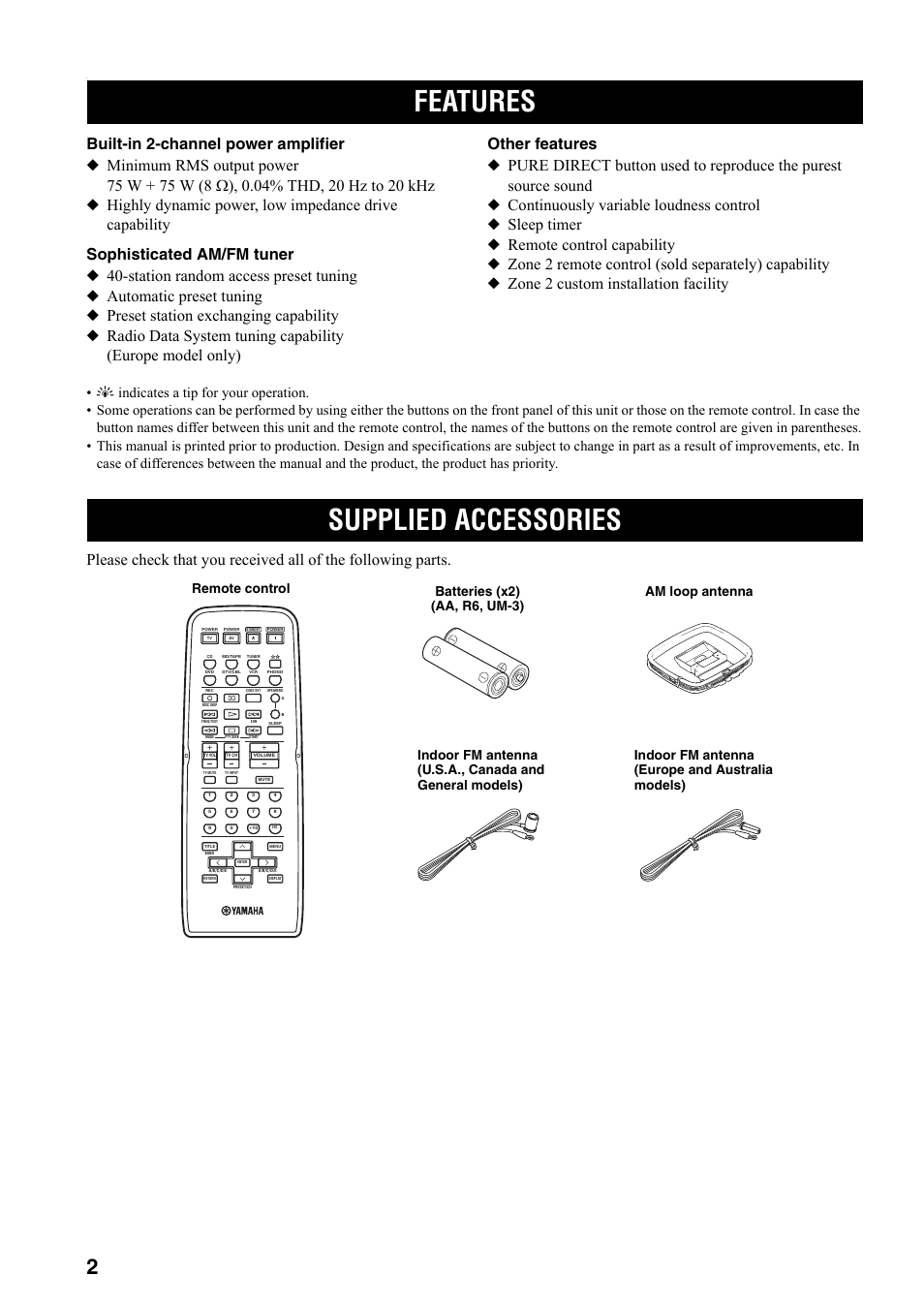 Introduction, Features, Supplied accessories | Features supplied accessories | Yamaha RX-497 User Manual | Page 4 / 243