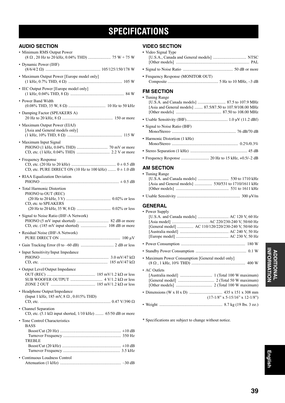 Specifications | Yamaha RX-497 User Manual | Page 41 / 243