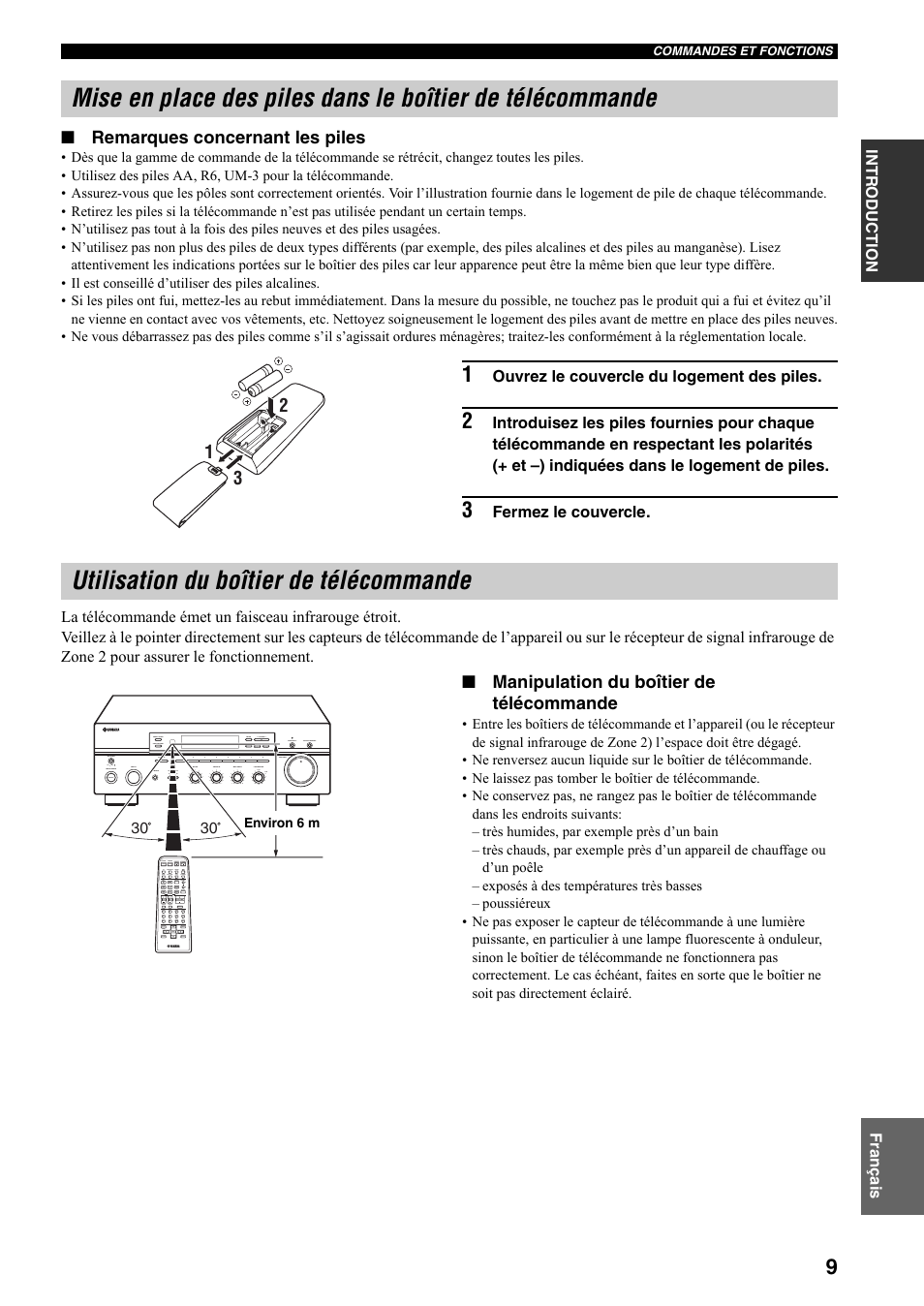 Utilisation du boîtier de télécommande, Mise en place des piles dans le boîtier de, Télécommande | Remarques concernant les piles, Manipulation du boîtier de télécommande | Yamaha RX-497 User Manual | Page 51 / 243