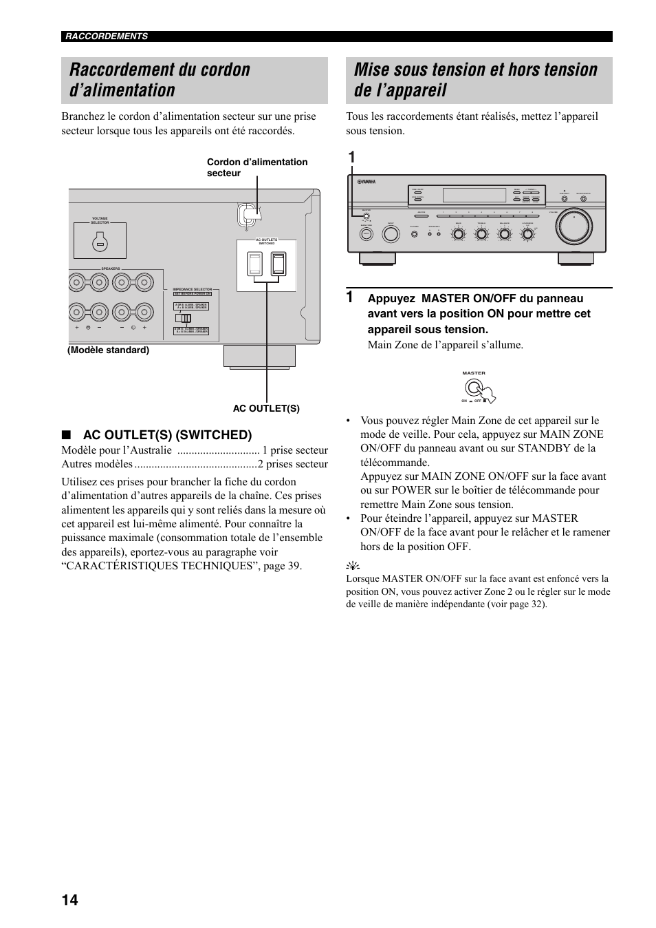 Raccordement du cordon d’alimentation, Mise sous tension et hors tension de l’appareil, Ac outlet(s) (switched) | On off, Man'l/auto fm, Auto/man'l | Yamaha RX-497 User Manual | Page 56 / 243