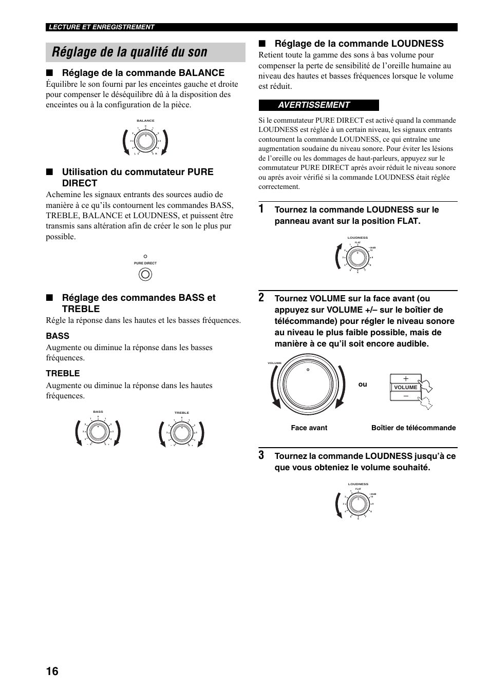 Réglage de la qualité du son, Réglage de la commande balance, Utilisation du commutateur pure direct | Réglage des commandes bass et treble, Réglage de la commande loudness, Avertissement, Boîtier de télécommande face avant ou, Lecture et enregistrement | Yamaha RX-497 User Manual | Page 58 / 243