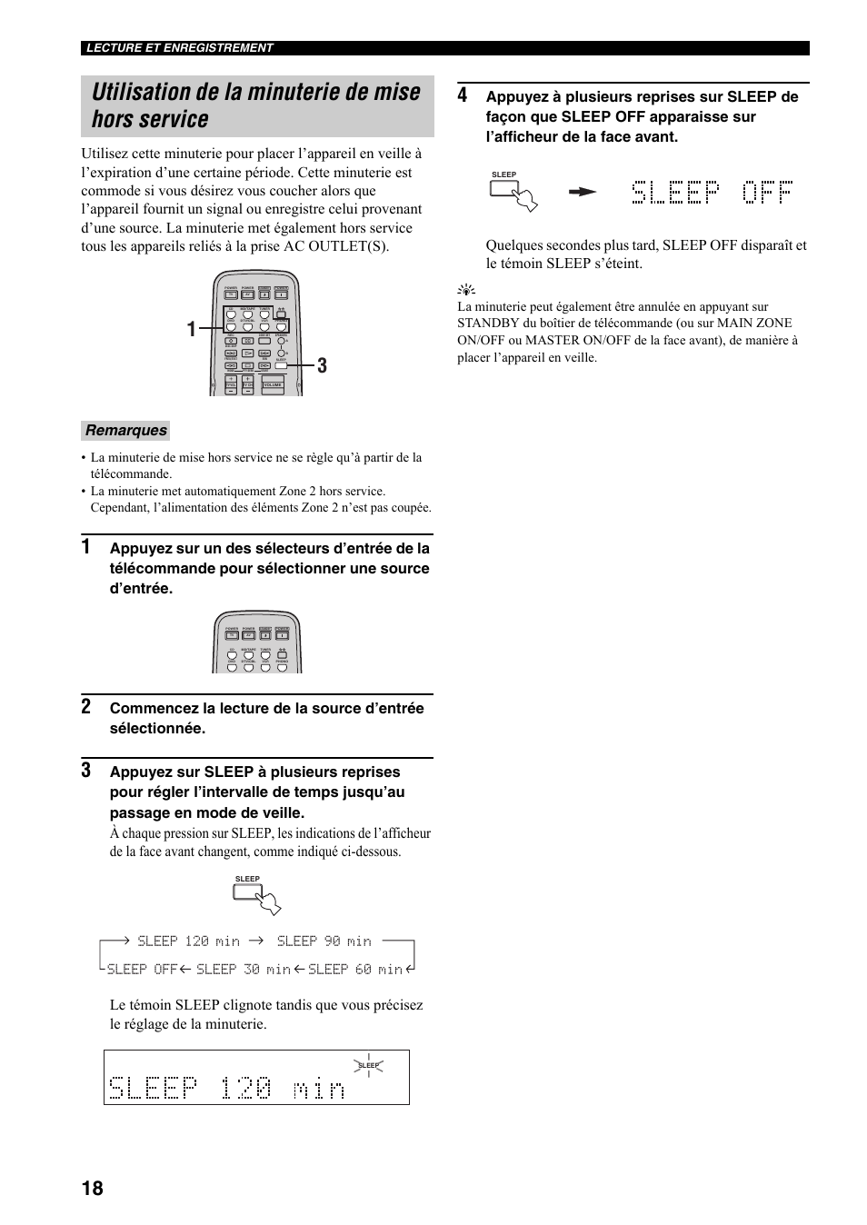 Utilisation de la minuterie de mise hors service, Remarques | Yamaha RX-497 User Manual | Page 60 / 243